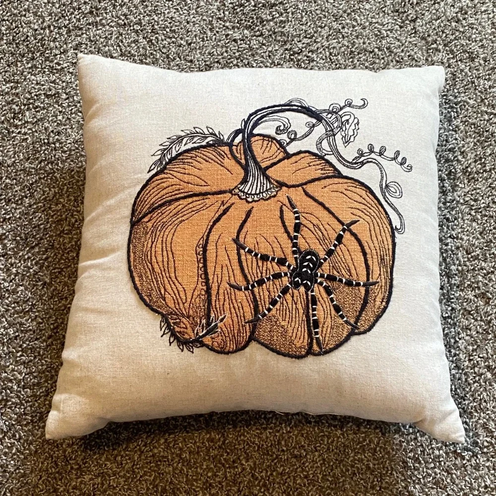 Halloween Pumpkin Spider Embroidered Throw Pillow Beige Orange Fall Decor